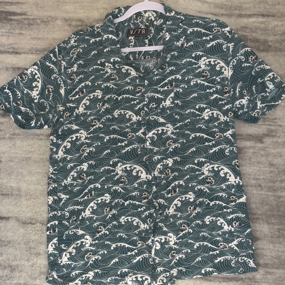 VSTR Mens Large Teal Wave Skull Print Short Sleeve Button Down Surf Shirt